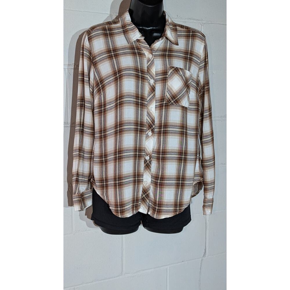 Time and Tru Plaid Button Down Shirt Long Sleeve Brown White Top Small